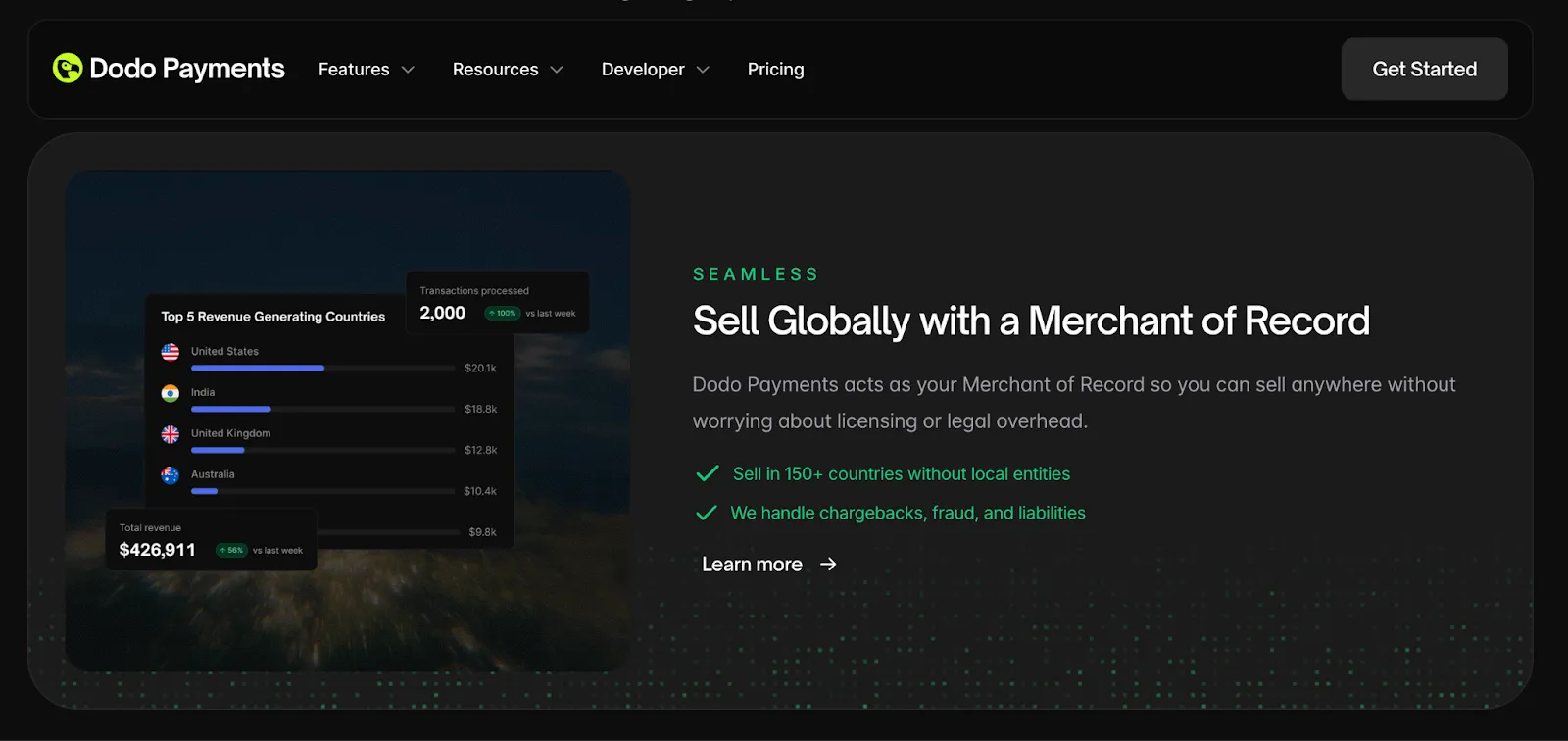 Screenshot of the Dodo Payments homepage
