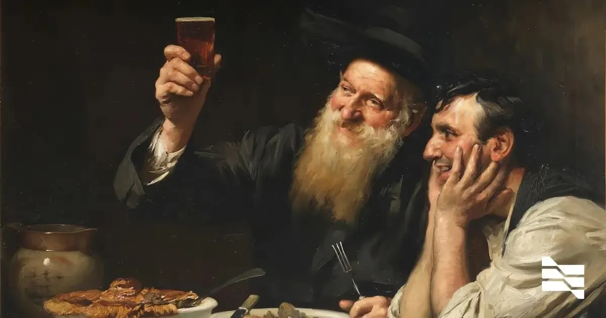 Painting of two smiling men, one toasting with a glass of beer, representing the celebration of Ruul's new cryptocurrency payment option for freelancers.