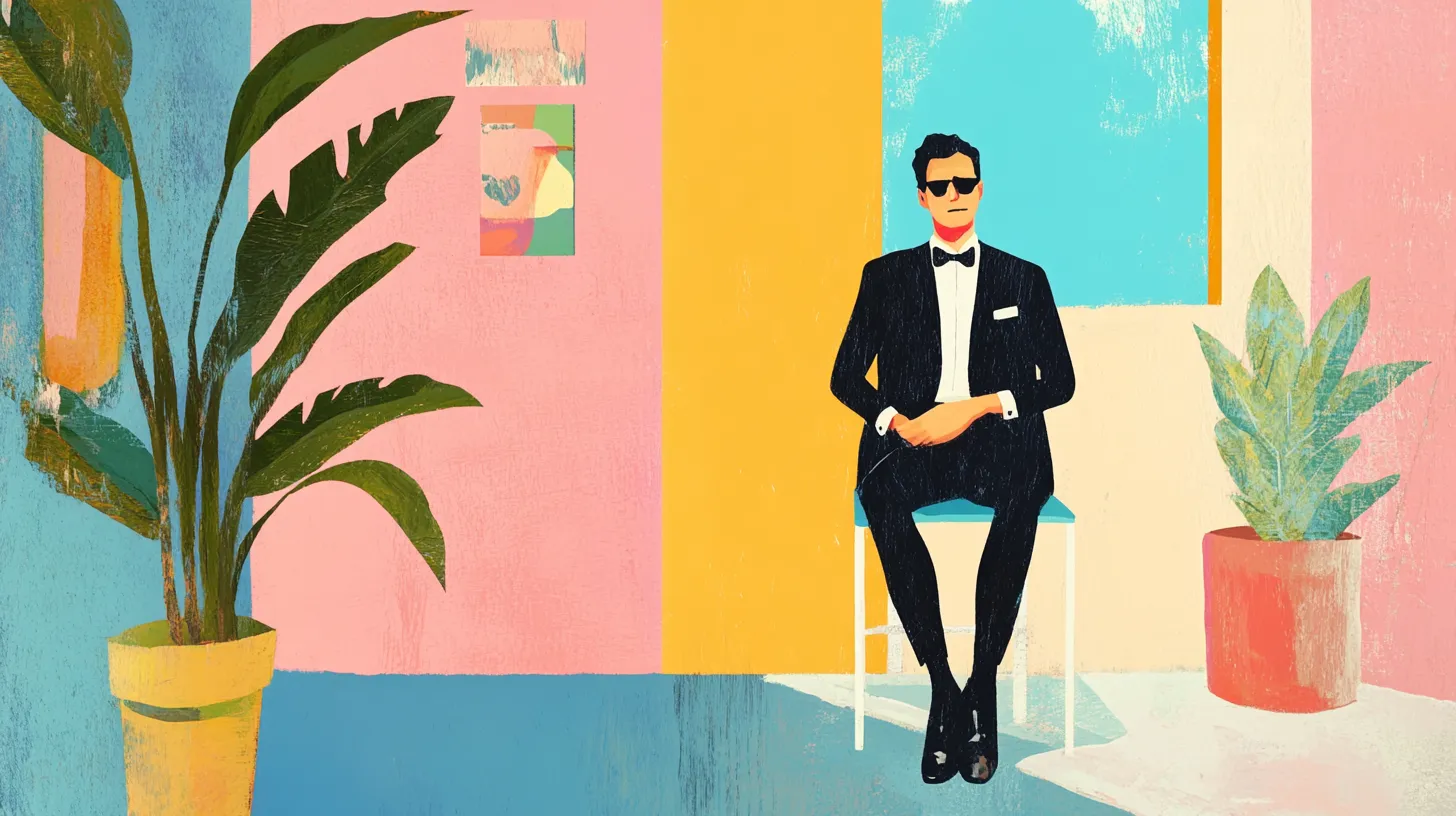 A stylised illustration of a man in a suit sitting in a colourful room