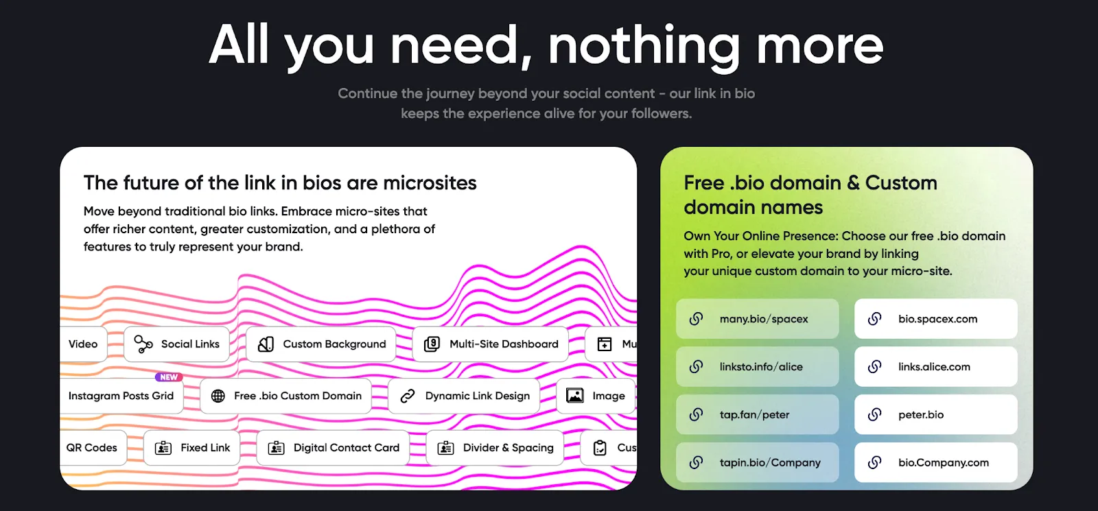 Screenshot of a link-in-bio microsites feature page