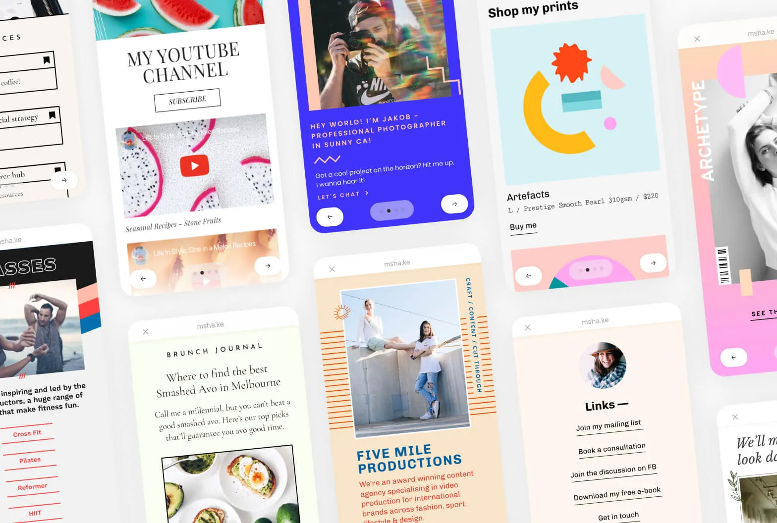 A grid of link-in-bio page design examples