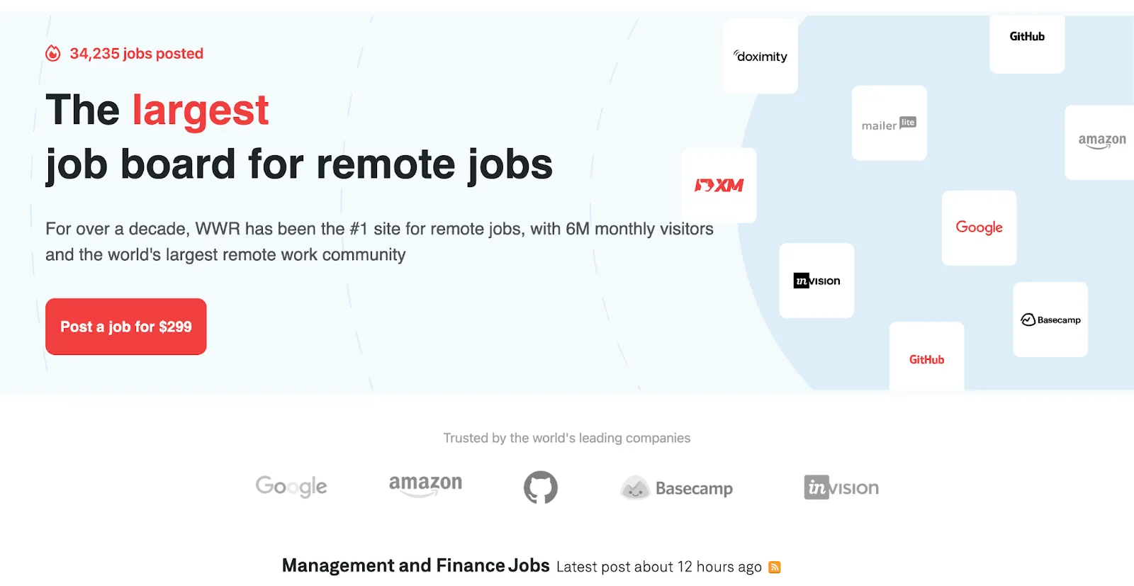 Screenshot of the We Work Remotely job board homepage