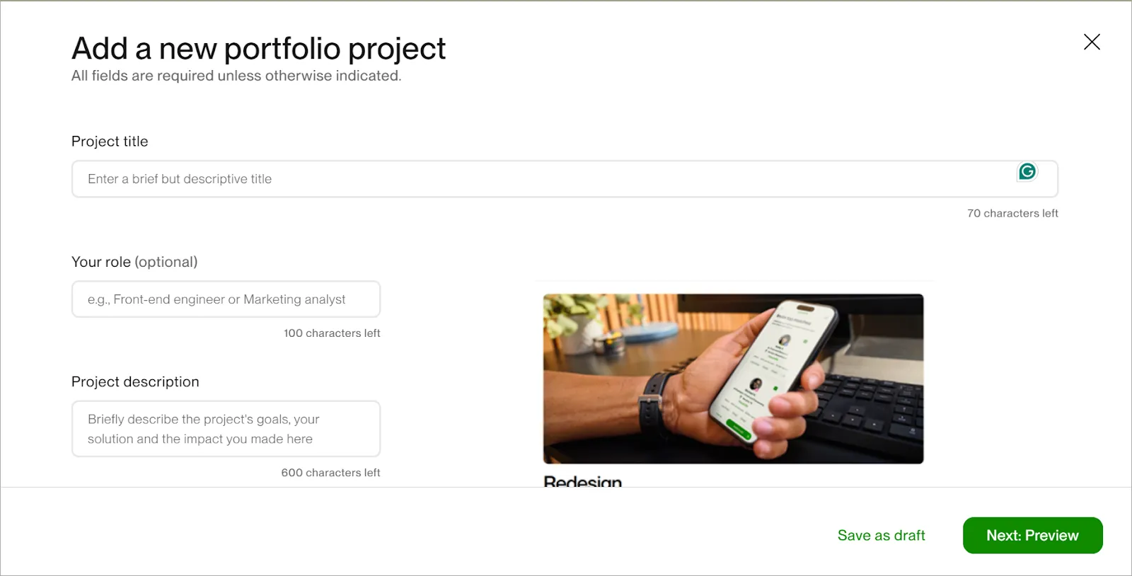 Screenshot of an Upwork add portfolio project form