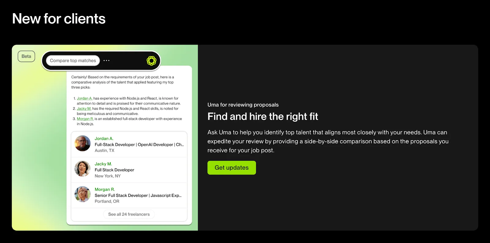 Screenshot of an Upwork client feature for finding the right freelancer