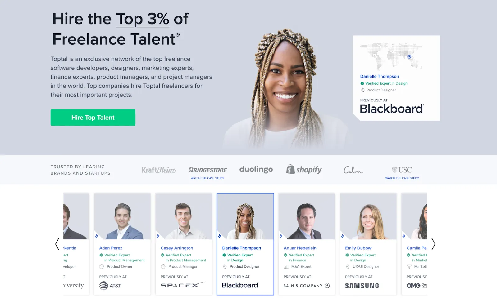 Screenshot of the Toptal homepage advertising the top 3 percent of talent