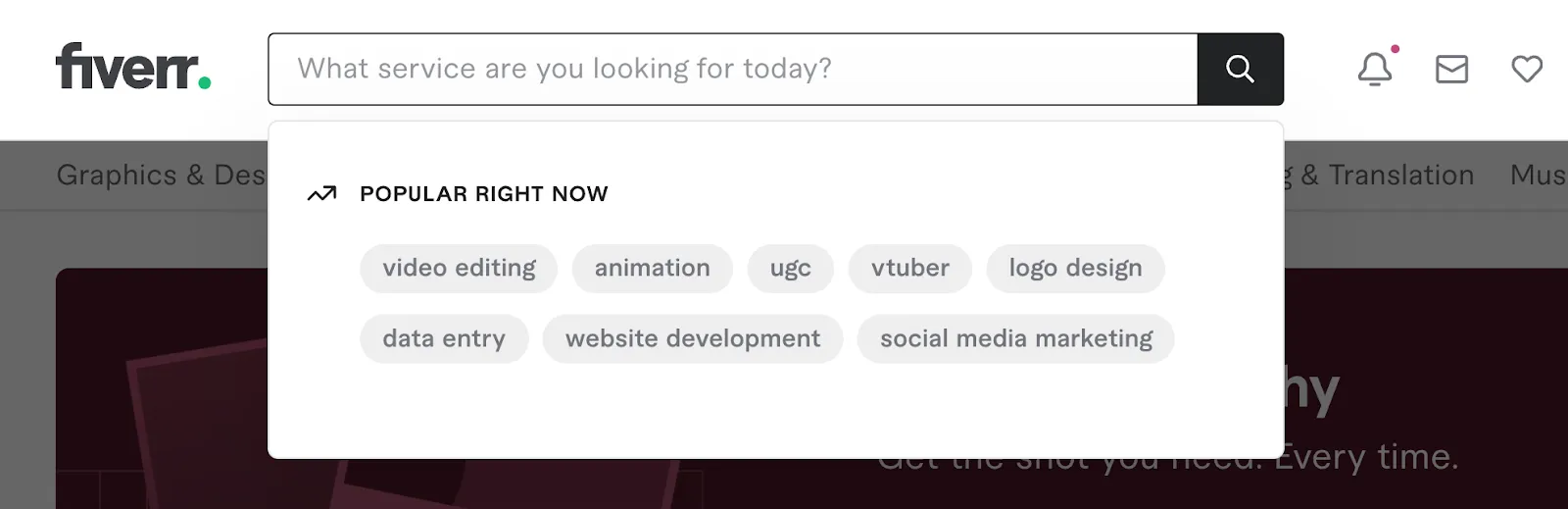 Screenshot of the Fiverr search bar with popular service tags