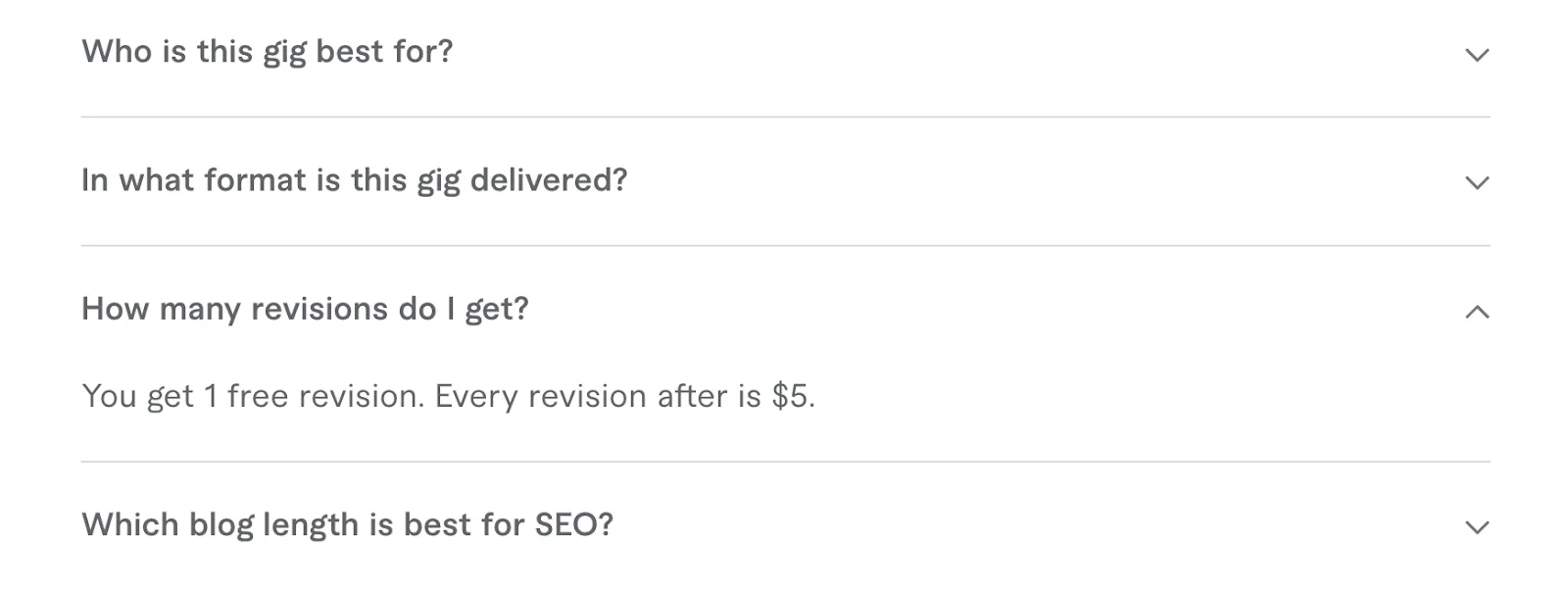 Screenshot of a Fiverr gig FAQ section