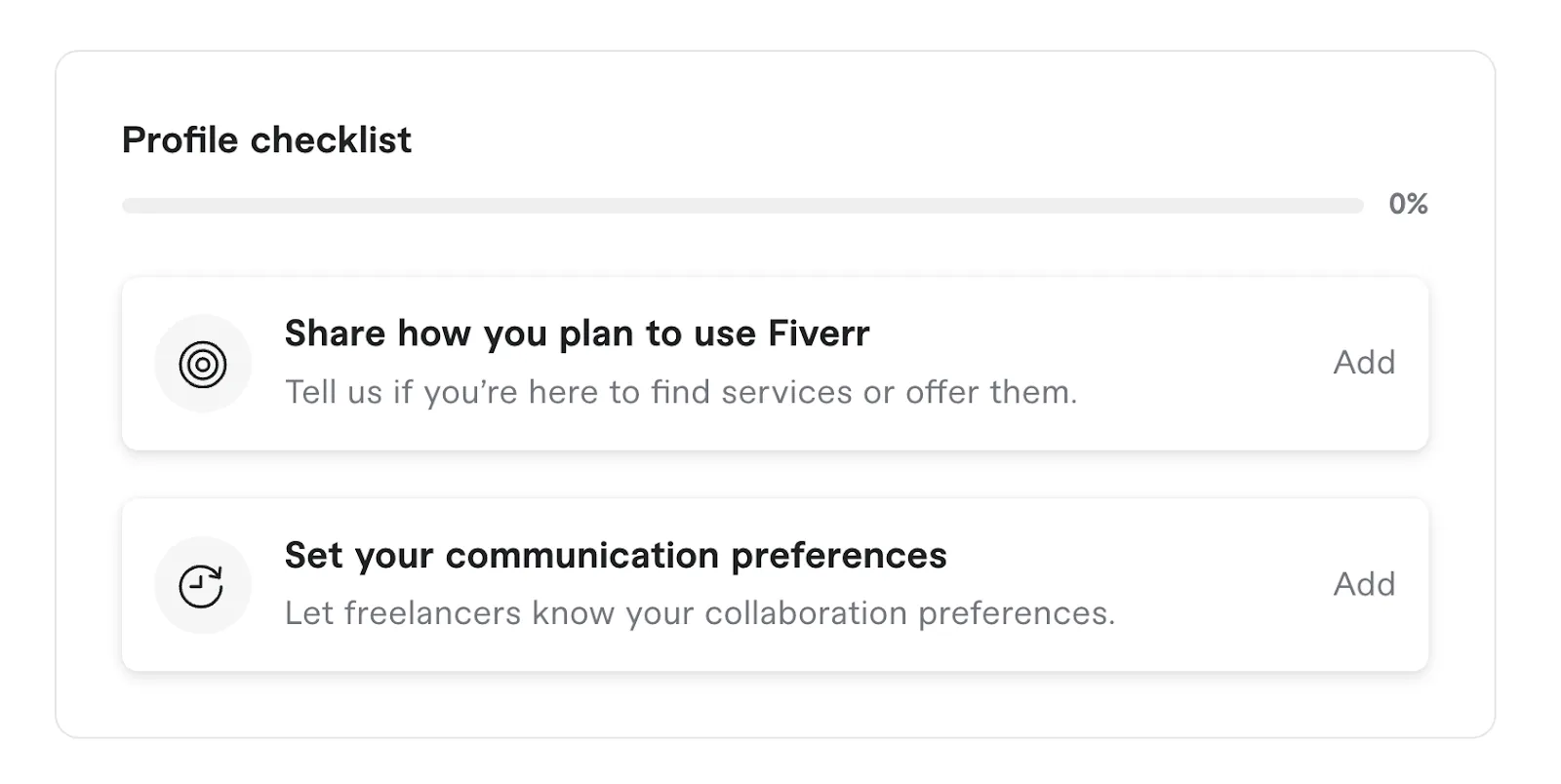 Screenshot of a Fiverr profile completion checklist