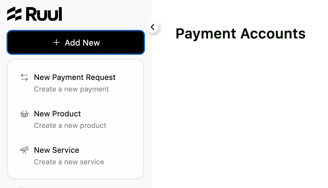 Screenshot of Ruul's add new payment, product or service menu