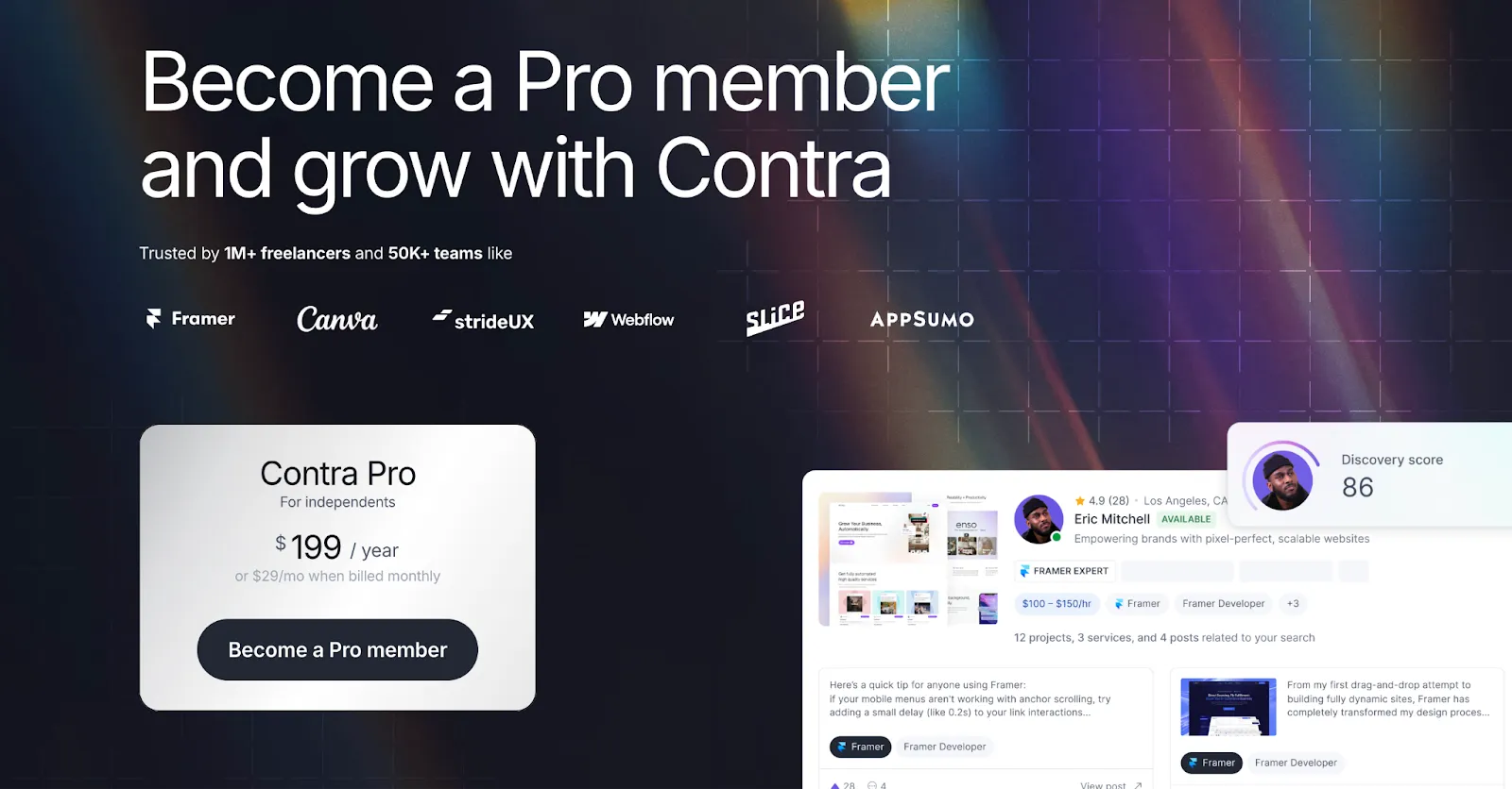Screenshot of the Contra Pro membership page