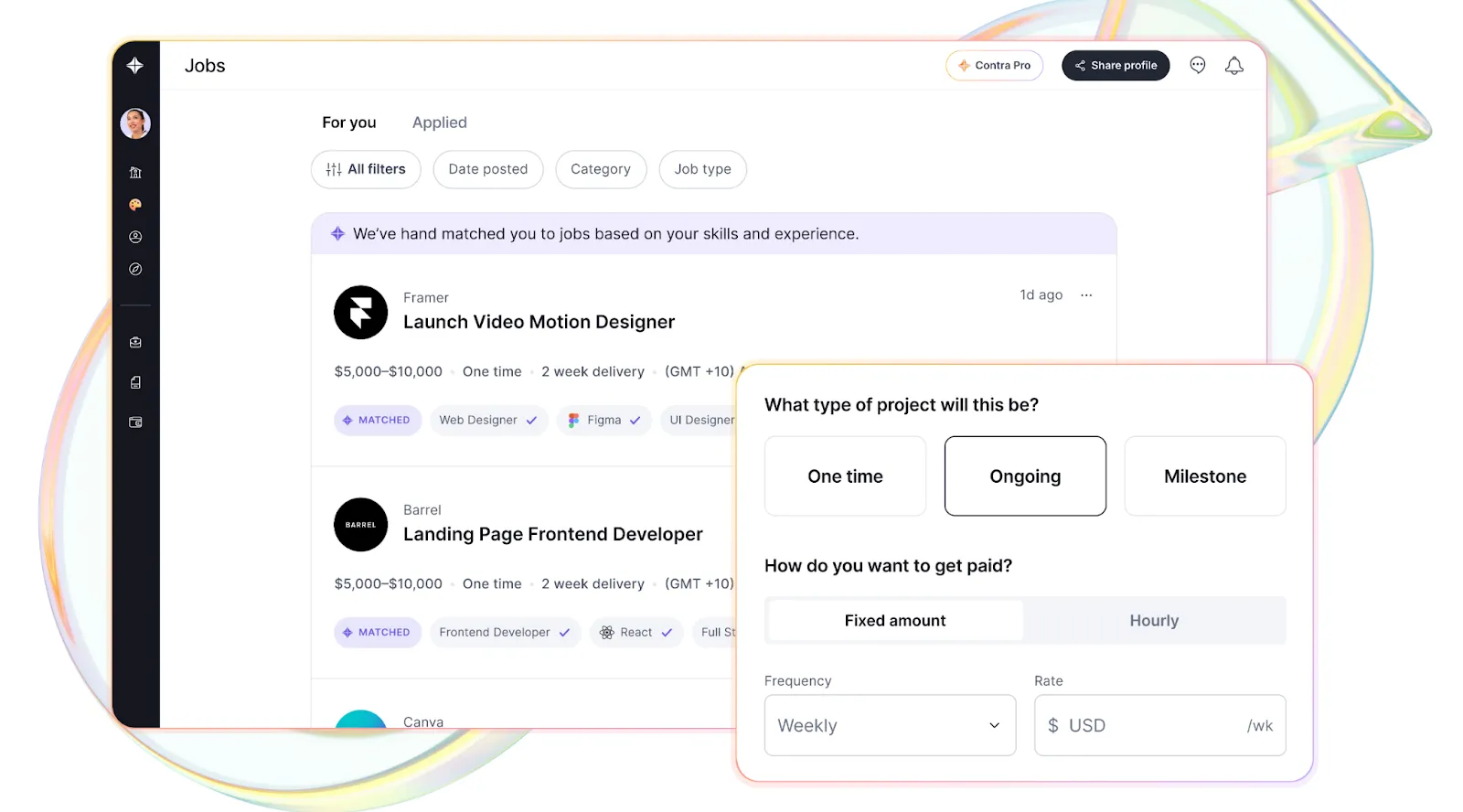 Screenshot of Contra's project and payment setup