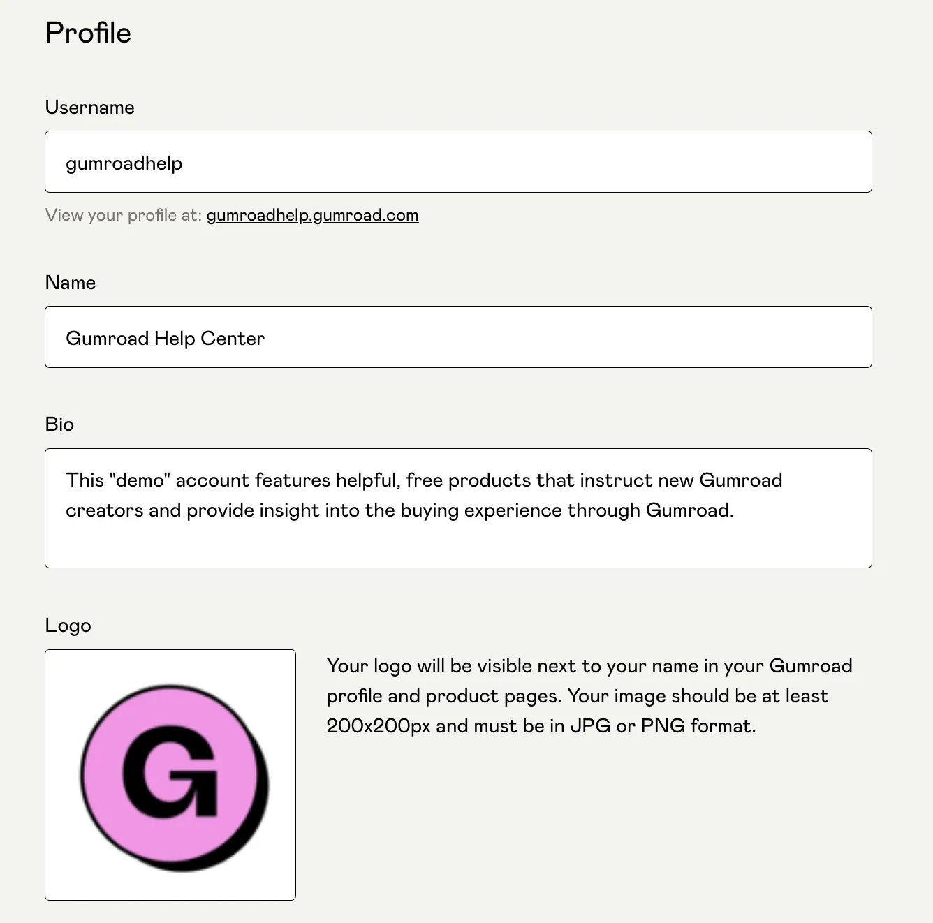 Screenshot of Gumroad profile settings