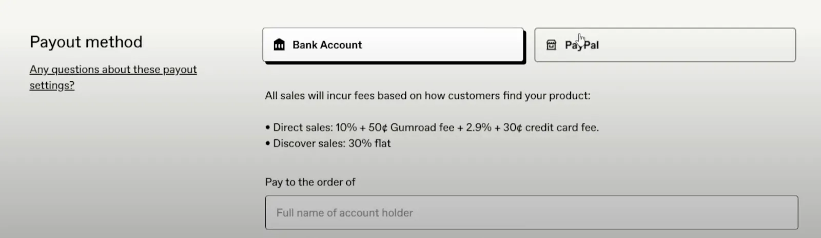 Screenshot of Gumroad payout method and fee settings