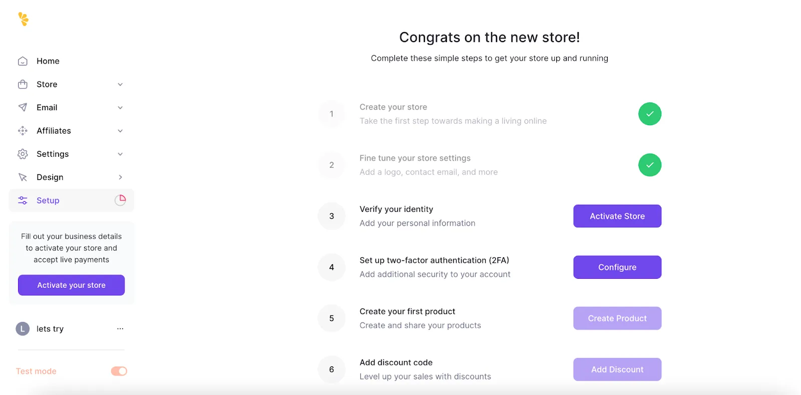 Screenshot of the Lemon Squeezy store setup checklist