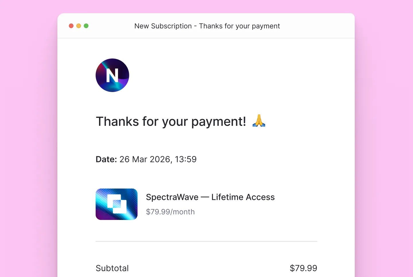 Screenshot of a Lemon Squeezy payment confirmation receipt
