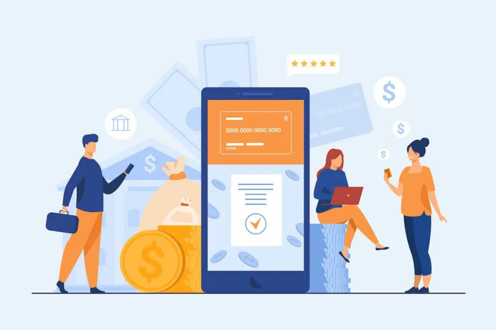 An illustration of people managing an invoice and payments on a phone