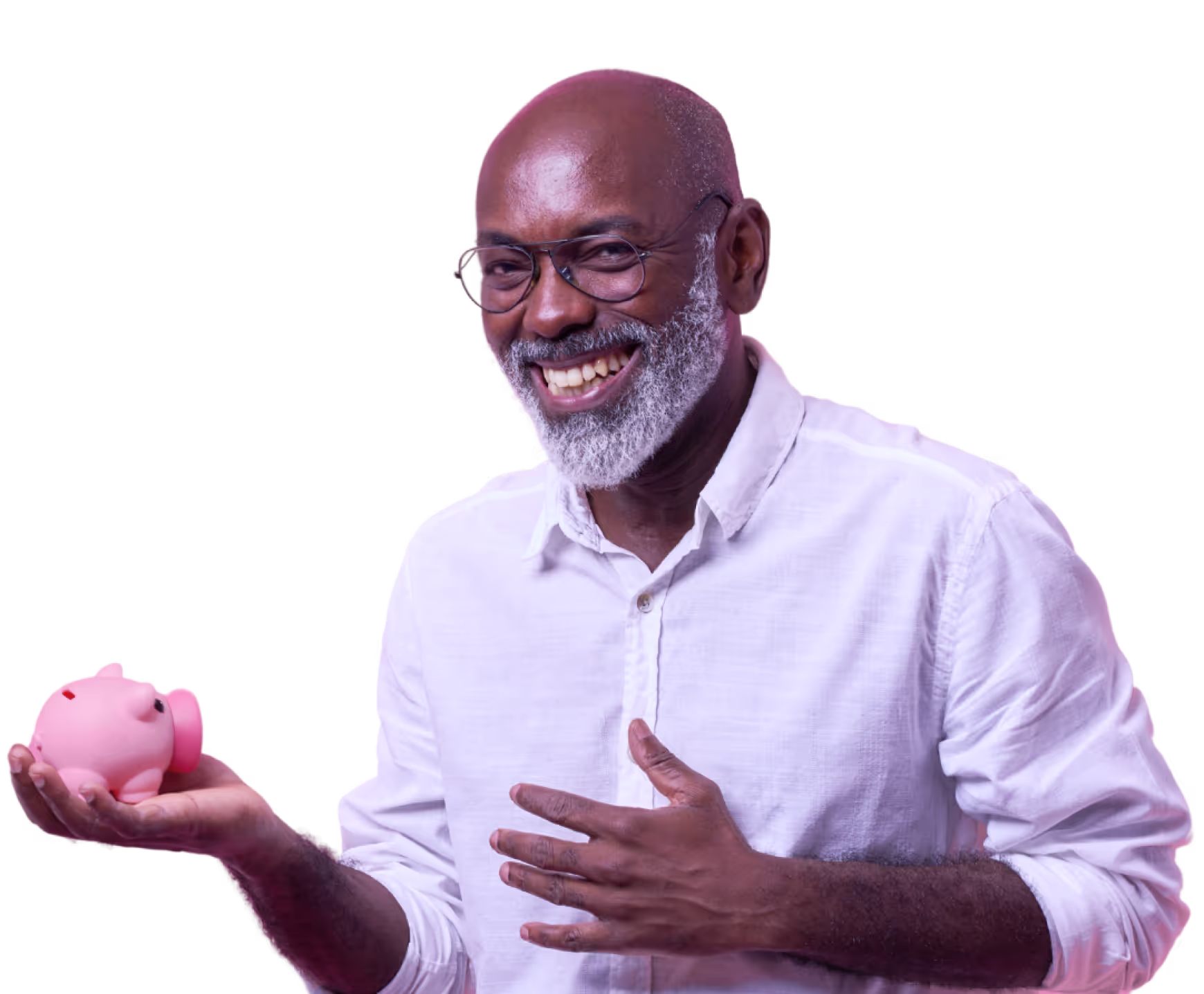 A smiling man holds a pink piggy bank, symbolizing savings and financial optimism.