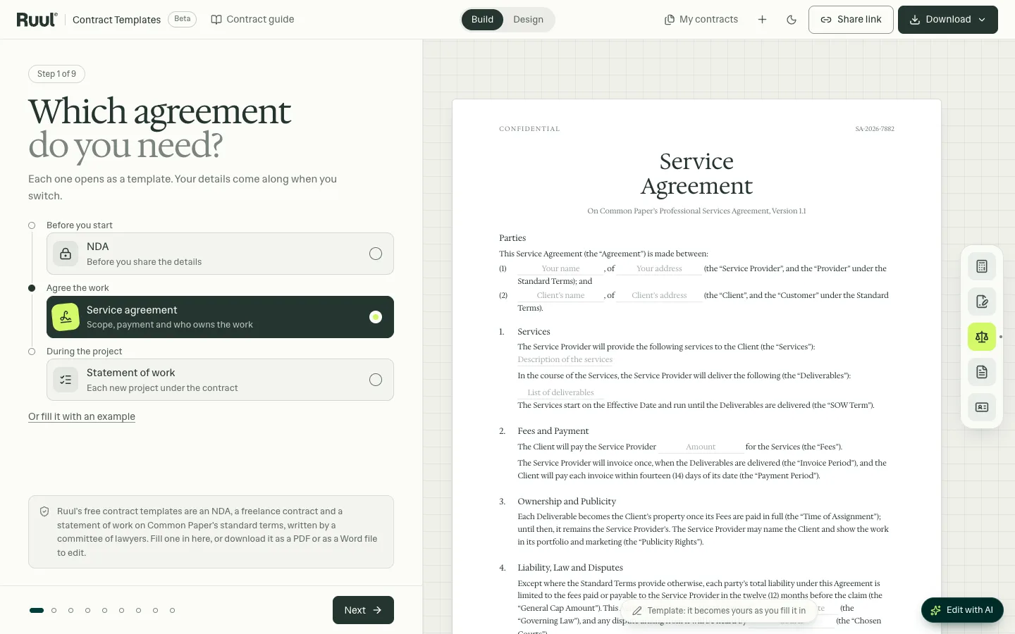 The contract generator's first step: a choice of NDA, service agreement or statement of work on the left, and the service agreement template on the right, waiting to be filled in.