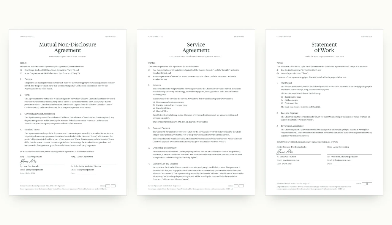 Three free contract templates filled in with an example, side by side: a mutual NDA, a service agreement and a statement of work, each signed by Jane Doe for Doe Design Studio.