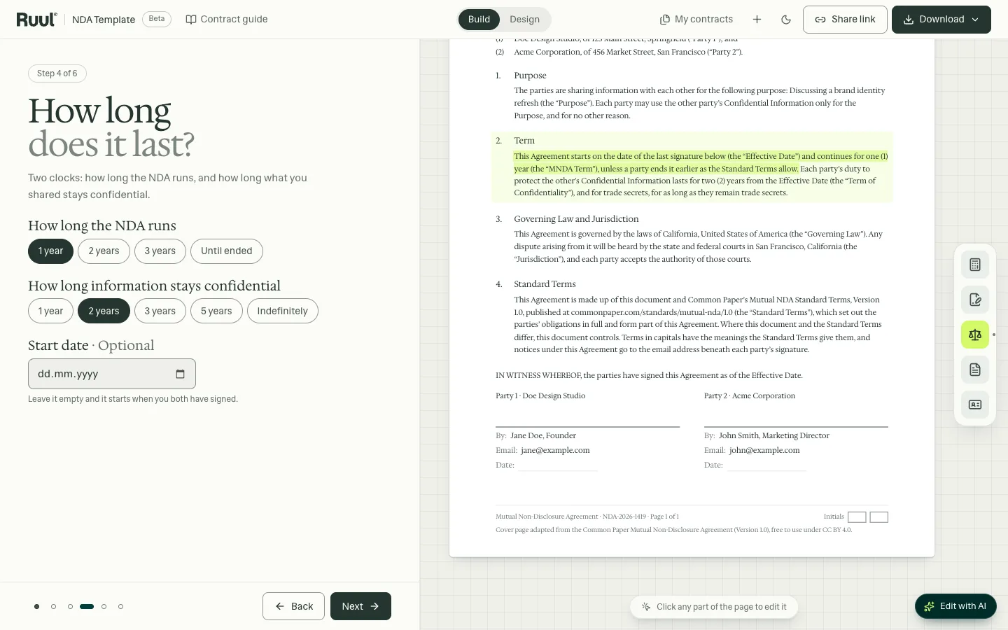 The NDA builder on its Duration step: choices for how long the NDA runs and how long information stays confidential on the left, and the NDA on the right filling in as they are chosen.