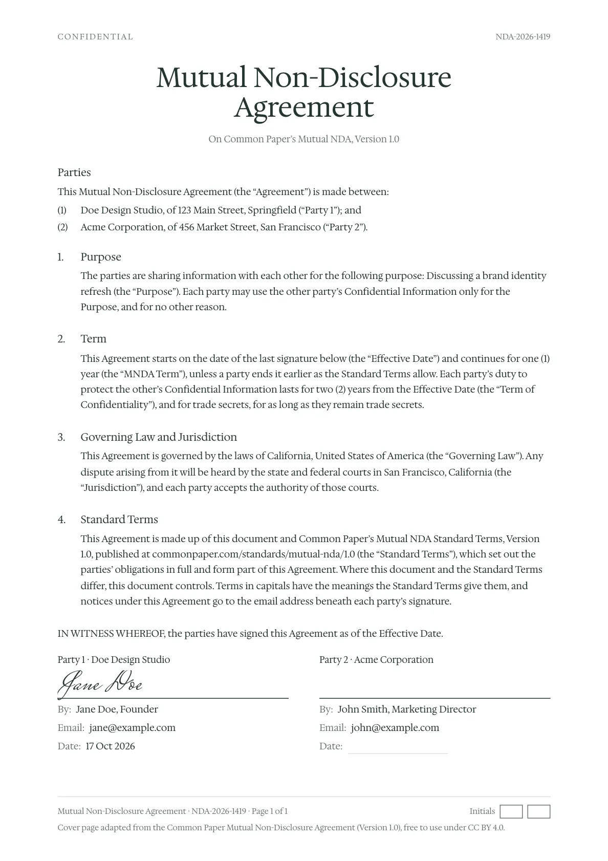 A sample mutual NDA between Doe Design Studio and Acme Corporation: a purpose of discussing a brand identity refresh, a one-year term, two years of confidentiality, California law, and Jane Doe's signature beside an empty line for Acme.