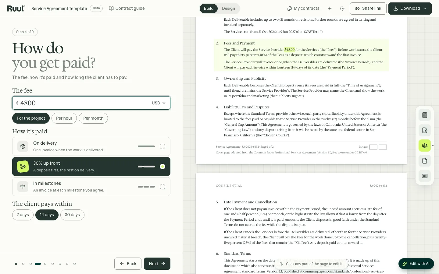 The freelance contract builder on its payment step: a $4,800 project fee, three ways to be paid (on delivery, 30% up front, in milestones) and the client's payment period, with the contract's Fees and Payment section highlighted on the right.