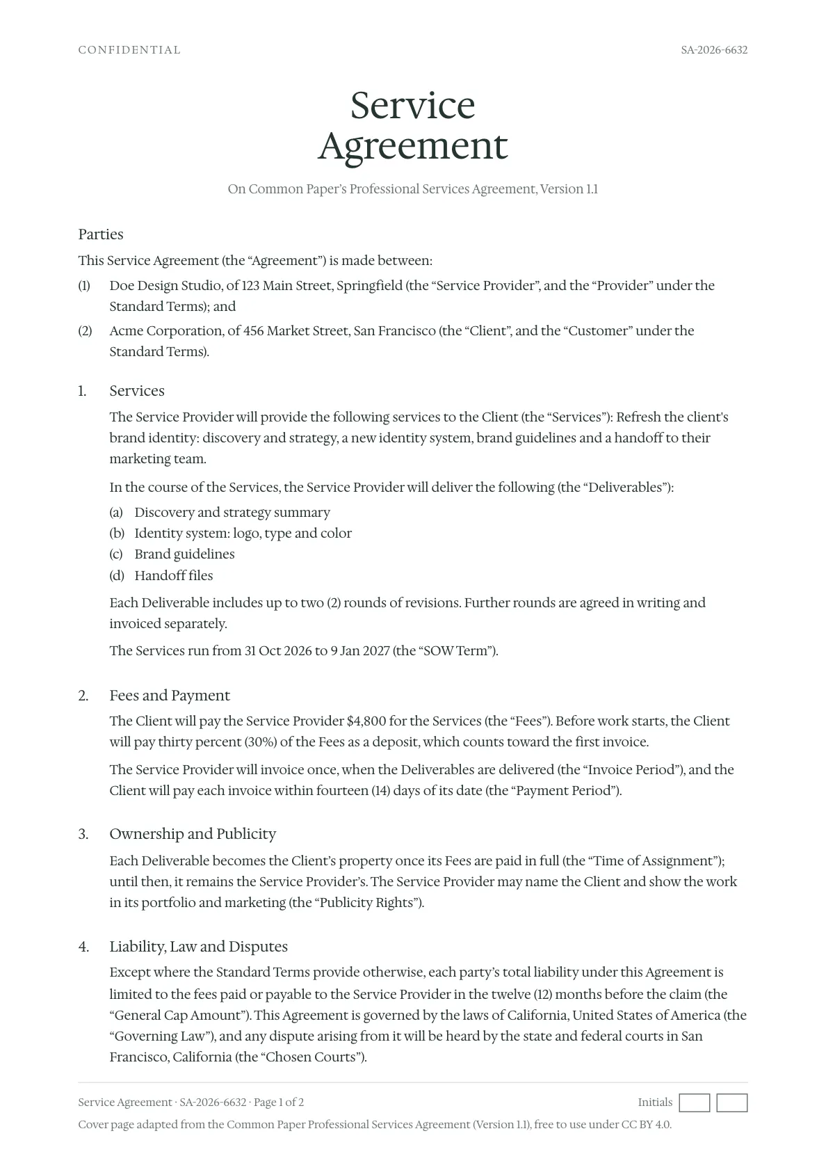 The first page of a sample freelance service agreement between Doe Design Studio and Acme Corporation: a brand identity refresh with four deliverables and two rounds of revisions, a $4,800 fee with a 30% deposit, payment within 14 days, ownership once paid, and California law.