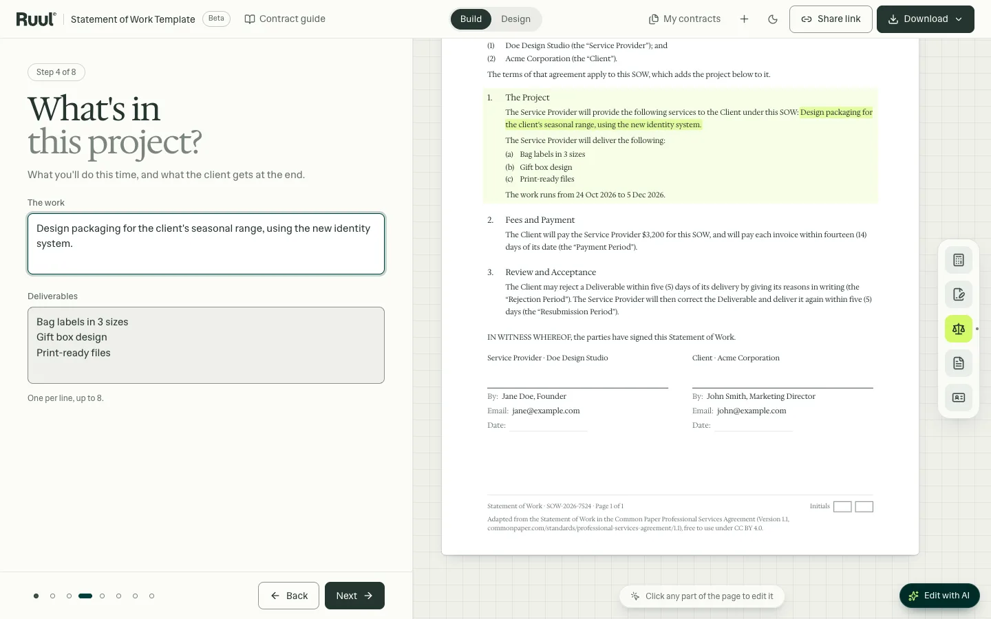 The statement of work builder on its Scope step: the project's description and its deliverables on the left, and the statement of work on the right filling in as they are typed.