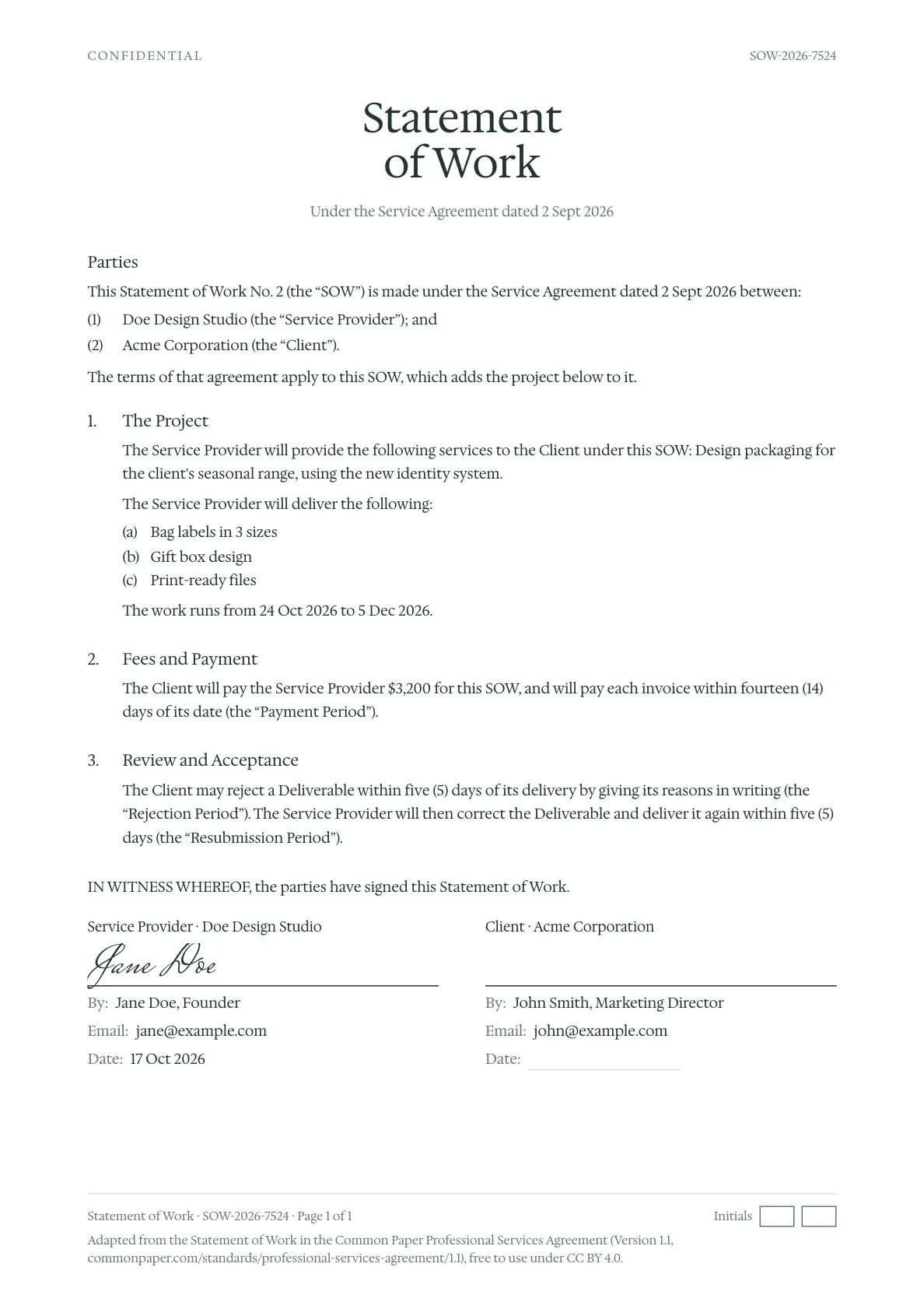 A sample statement of work: SOW No. 2 under a service agreement between Doe Design Studio and Acme Corporation, for packaging design with three deliverables, $3,200 payable within 14 days, and five days to review each deliverable, signed by Jane Doe.