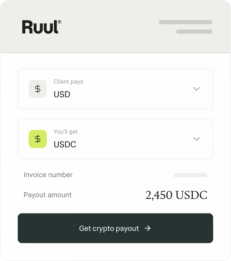 Ruul crypto payout interface showing client pays in USD and freelancer receives USDC