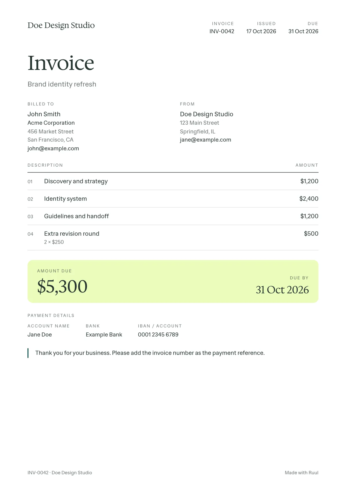A sample freelance invoice from Doe Design Studio to John Smith at Acme Corporation for a brand identity refresh: invoice INV-0042, issued 17 Oct 2026 and due 31 Oct 2026, three fixed-price lines of $1,200, $2,400 and $1,200 and two extra revision rounds at $250, $5,300 due, the bank details and a thank-you note.