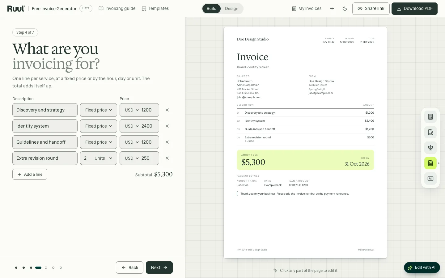The free invoice generator on its Items step: four lines on the left, three at a fixed price and one charged by the unit, with a $5,300 subtotal, and the sample invoice filling in on the right.