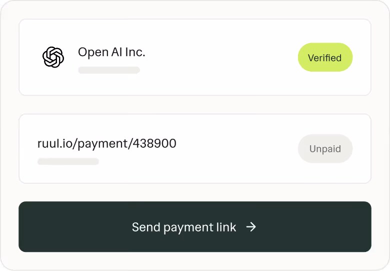 Ruul screen showing sending the invoice link to the client