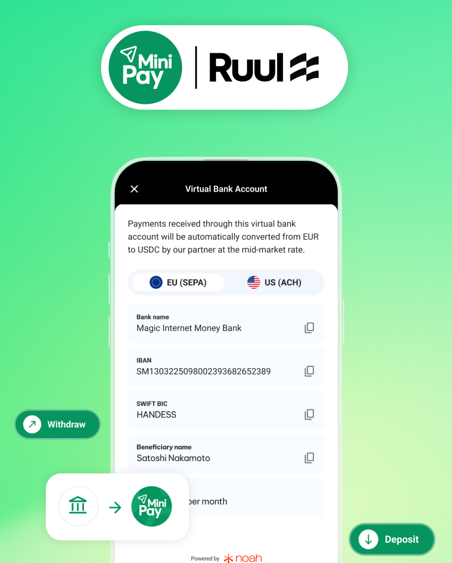 MiniPay virtual account dashboard showing Ruul payout collection