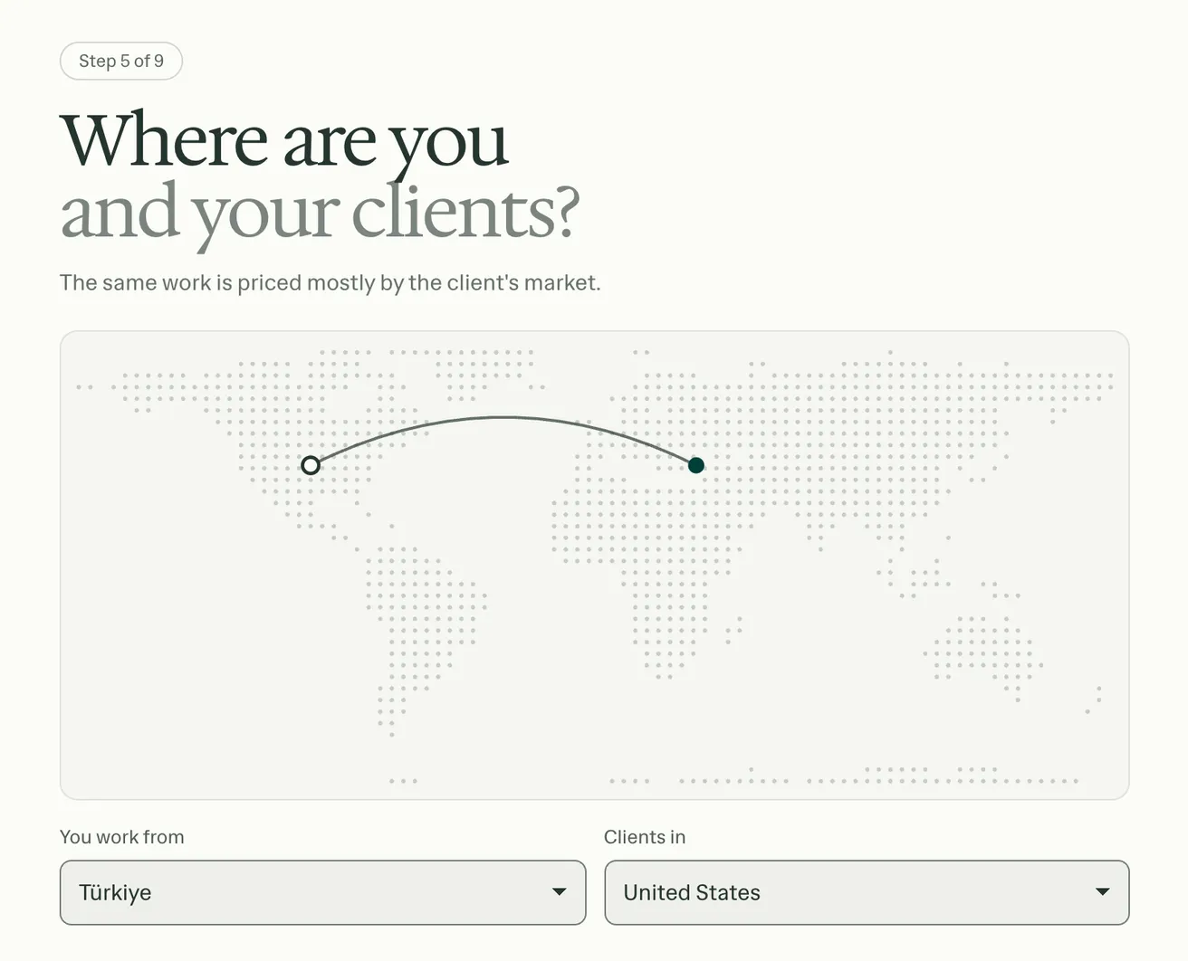 The calculator's location step: a dotted world map with a route from Türkiye, where the freelancer works, to clients in the United States, and the two countries chosen under it.