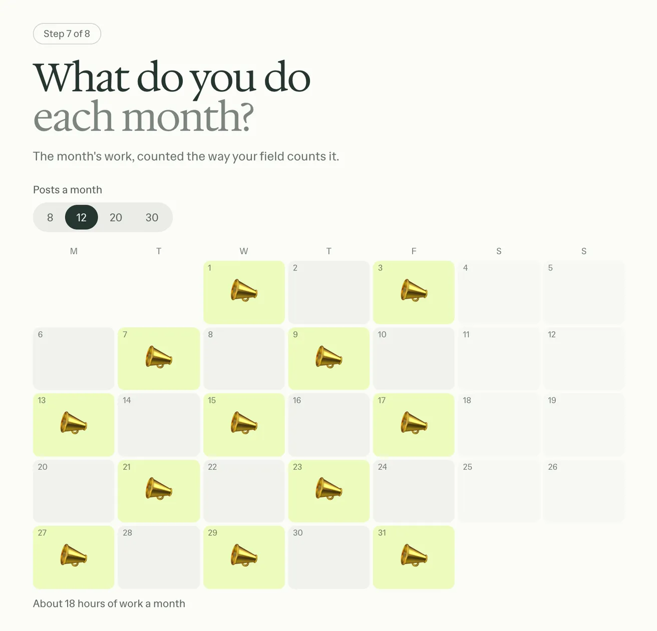The calculator's monthly step: 12 social media posts spread over a month's calendar, with the hours of work under it.
