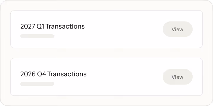 Liste des trimestres de transactions Ruul avec des actions de consultation pour chaque période.