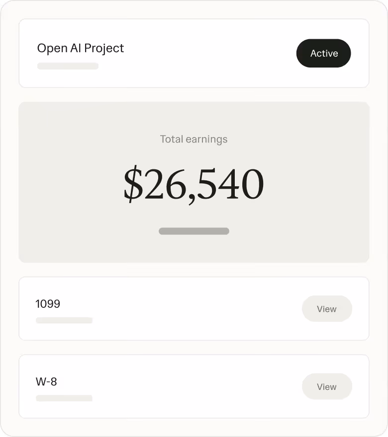 Récapitulatif de projet Ruul avec les gains totaux, les documents 1099 et W-8.