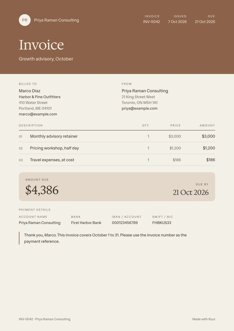 Consulting invoice template, filled in with a sample