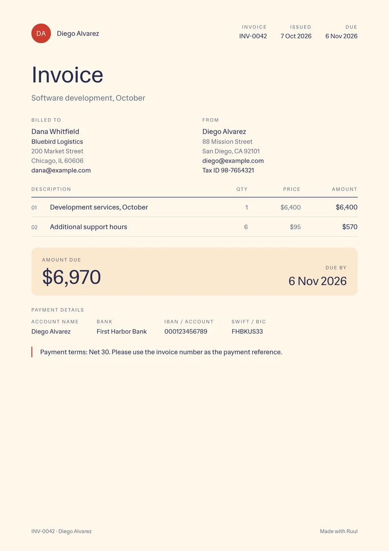Contractor invoice template, filled in with a sample