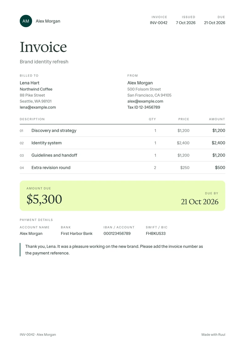 Freelance invoice template, filled in with a sample