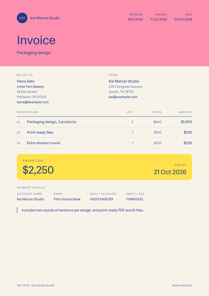 Graphic design invoice template, filled in with a sample