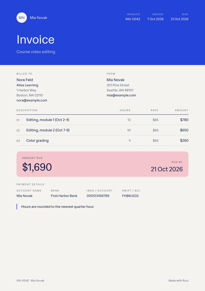 Hourly invoice template, filled in with a sample