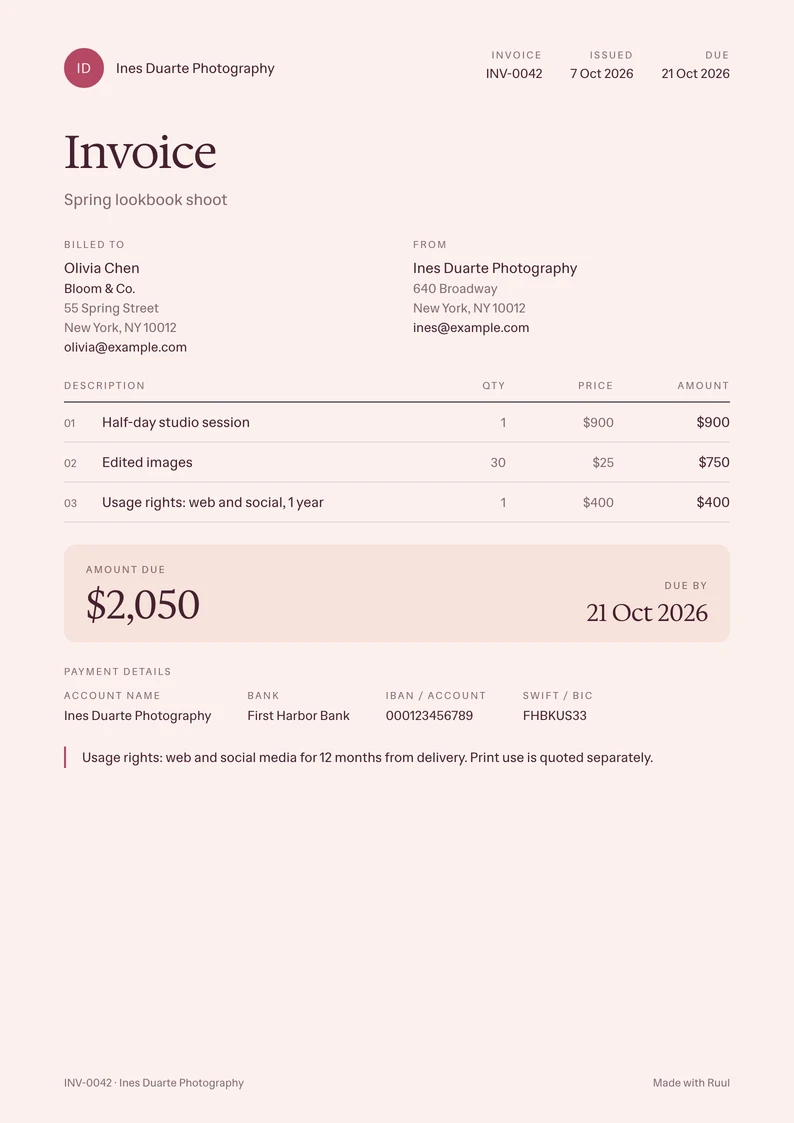 Photography invoice template, filled in with a sample