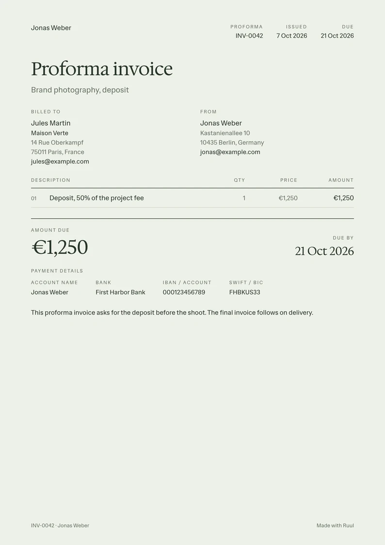 Proforma invoice template, filled in with a sample