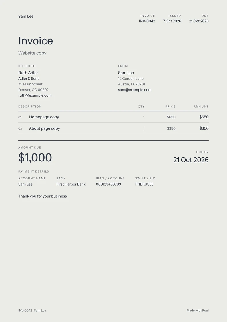 Simple invoice template, filled in with a sample